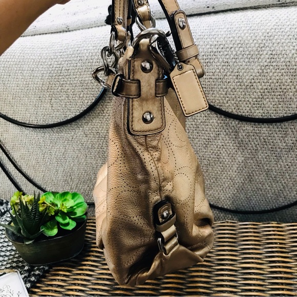 Coach 16908 Brooke Perforated Leather Metallic Gold Crossbody Hobo Bag
